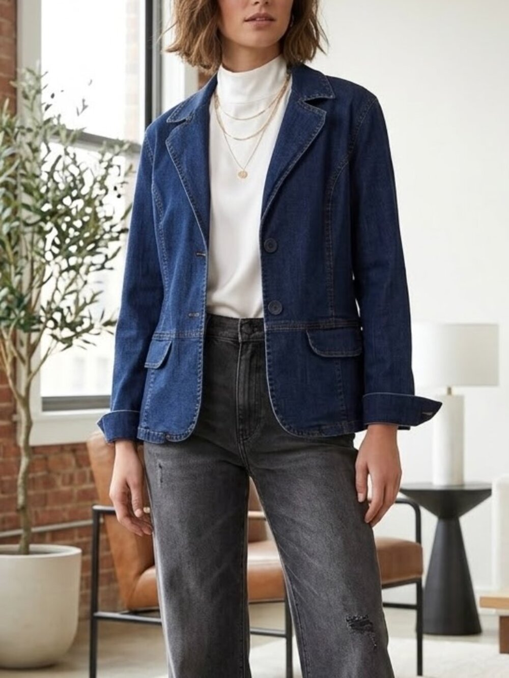Vintage Bill Blass Jeanswear Dark Wash Denim Blazer Size XL Y2K Classic Preppy